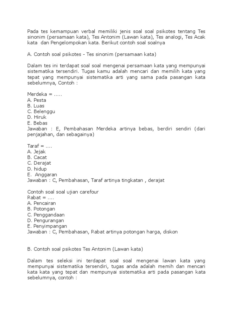 A Contoh Soal Psikotes Tes Sinonim Persamaan Kata