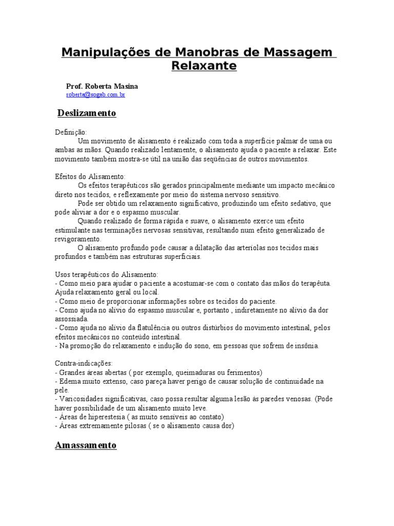 Manobras de Massagem Relaxante | PDF | Pele | Dor