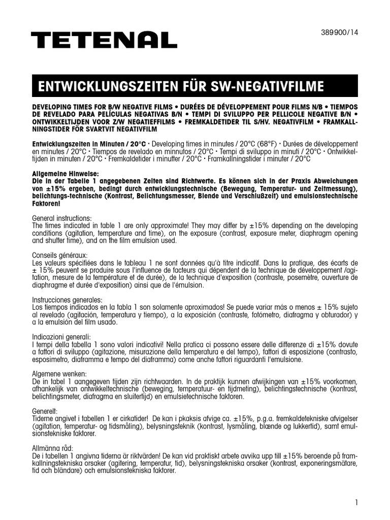 Tetenal Develped Times Optics Science Mathematics