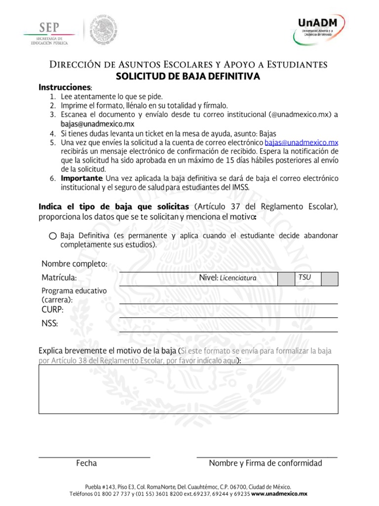 Formato Solicitud De Baja Definitiva 2017 Pdf