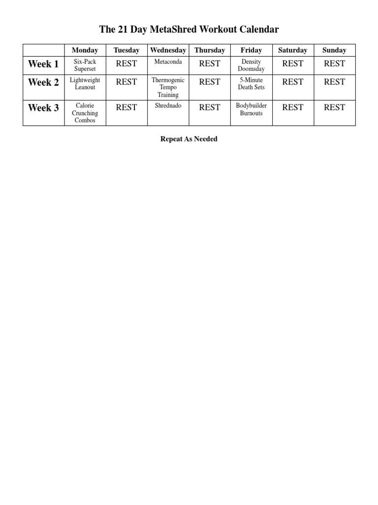 21 Day MetaShred Workout Calendar PDF Sports Teaching Mathematics