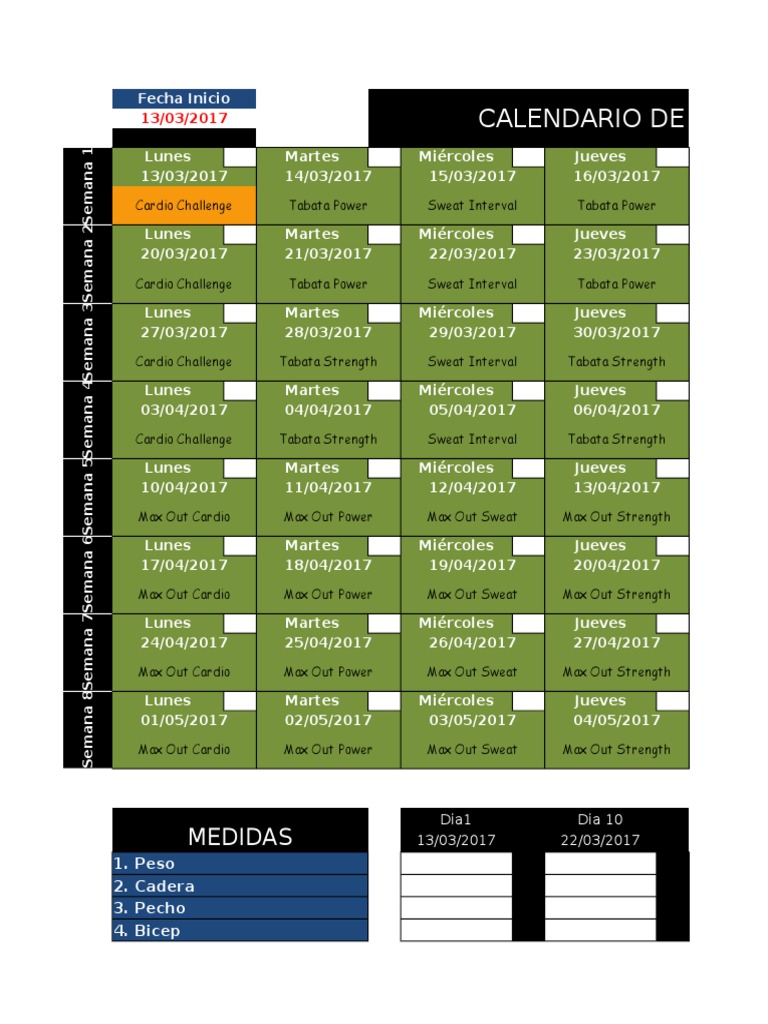 Calendario Insanity Max 30 PDF Ocio Deportes