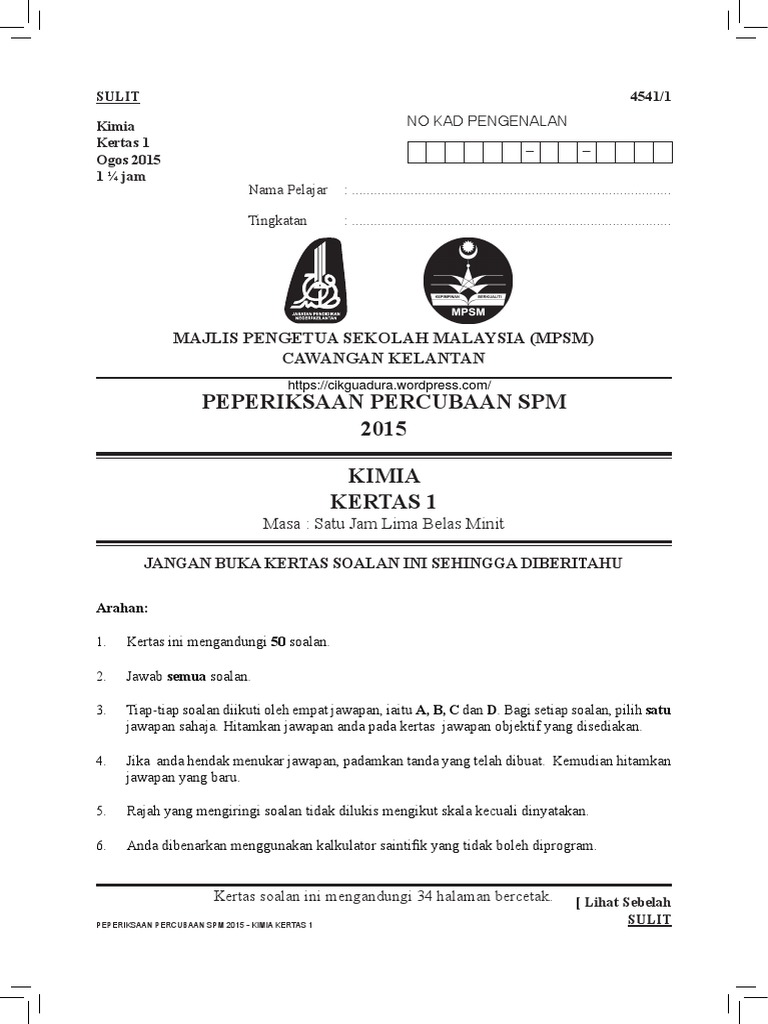 Trial Kelantan 2015 Kimia With Jawapan