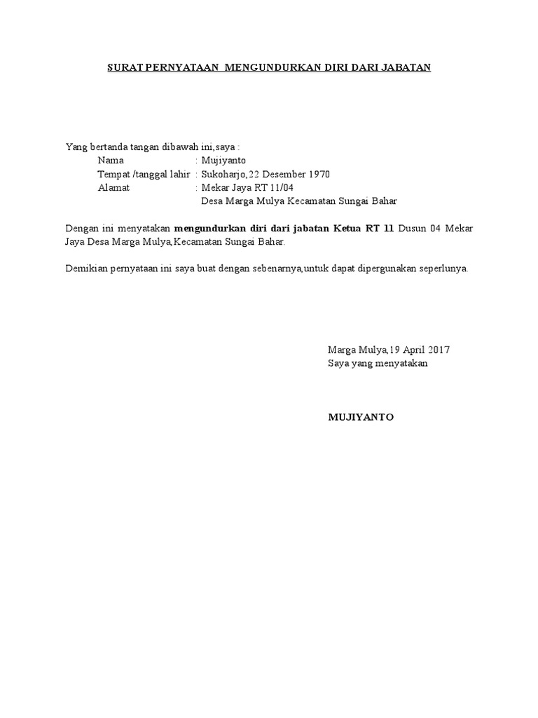 Surat Pernyataan Mengundurkan Diri Dari Jabatan Docx