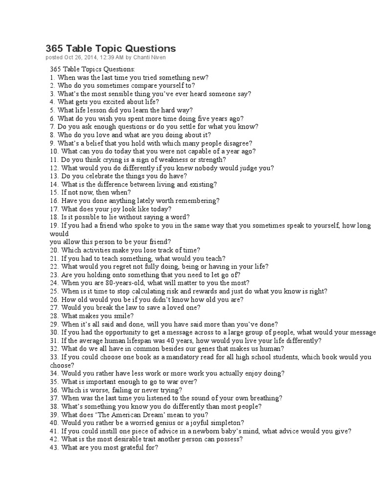 365 Table Topic Questions Happiness & SelfHelp Truth