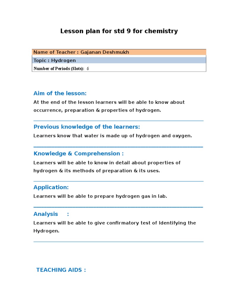 hydrogen lesson plan
