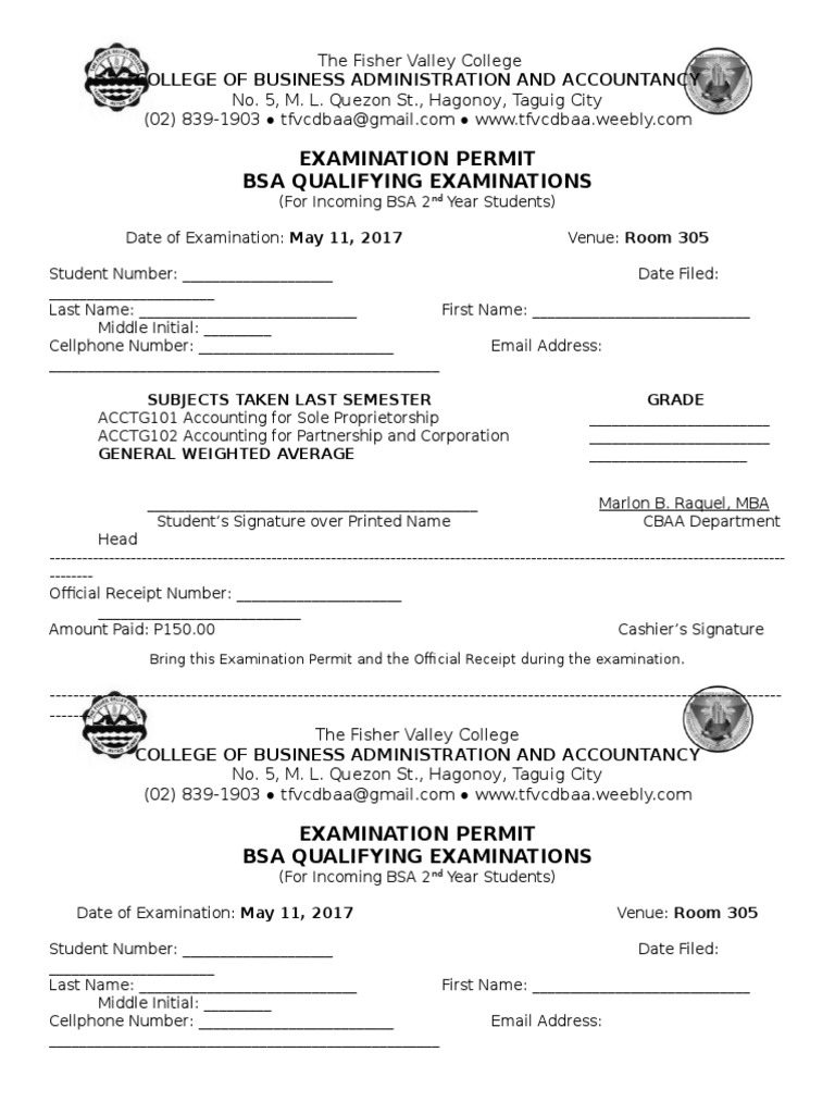 BSA Qualifying Examination Permit 2017 Accounting Government