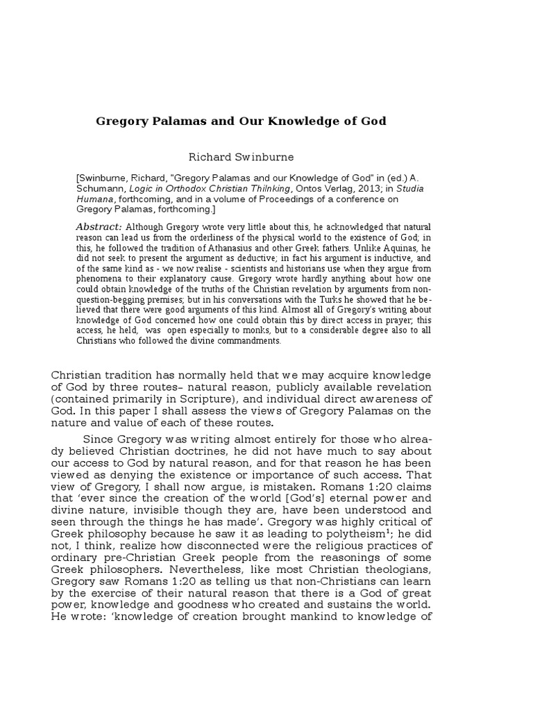 the existence god of for argument deductive Swinburne   Reason Palamas 2013