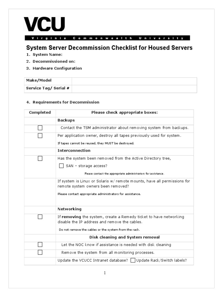 System Server Decommission Checklist | PDF