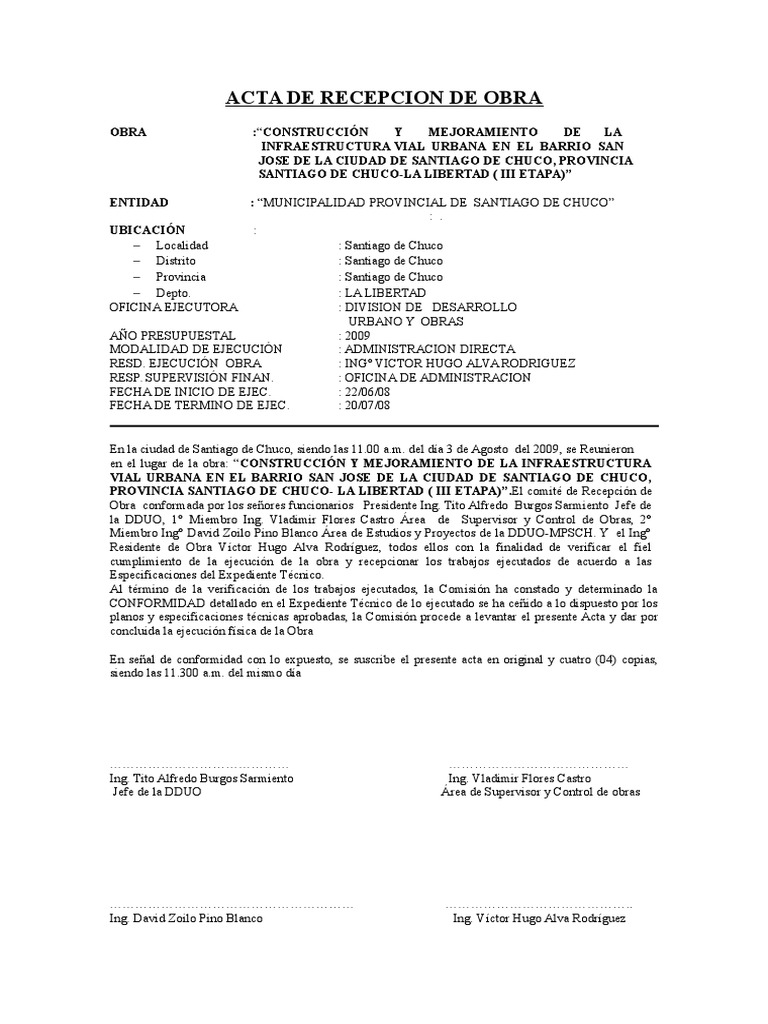 Acta de Recepcion de Obra  Santiago  Política