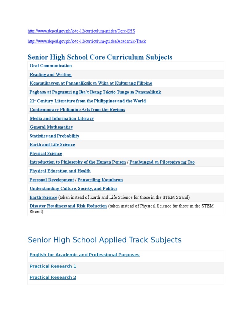 Senior High School Core Subjects Guide | PDF | Social Science | Science ...