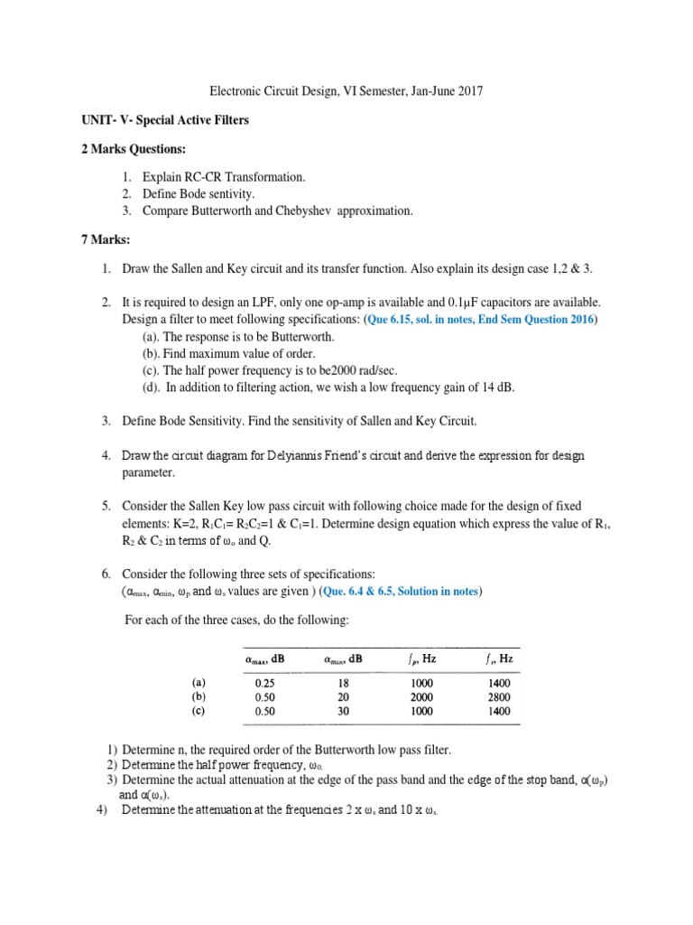 UNITV Special Active Filters 2 Marks Questions Que 6.15, Sol. in