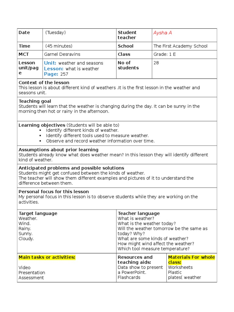 Lesson Plan Weather | PDF | Educational Assessment | Weather