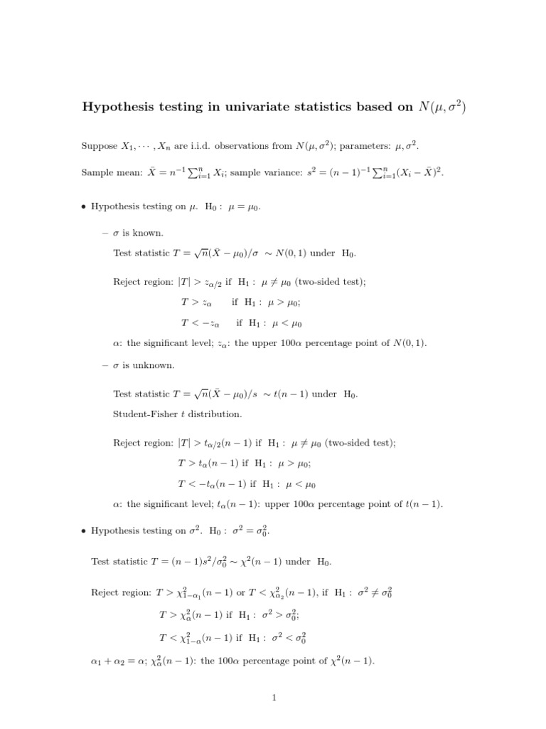 Hypothesis testing in univariate statistics based on N (µ, σ) PDF