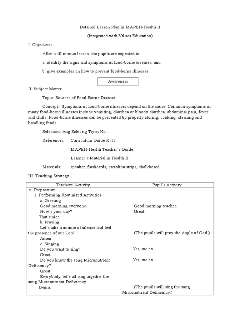 Detailed Lesson Plan in MAPEH Health II | Foodborne Illness | Lesson Plan