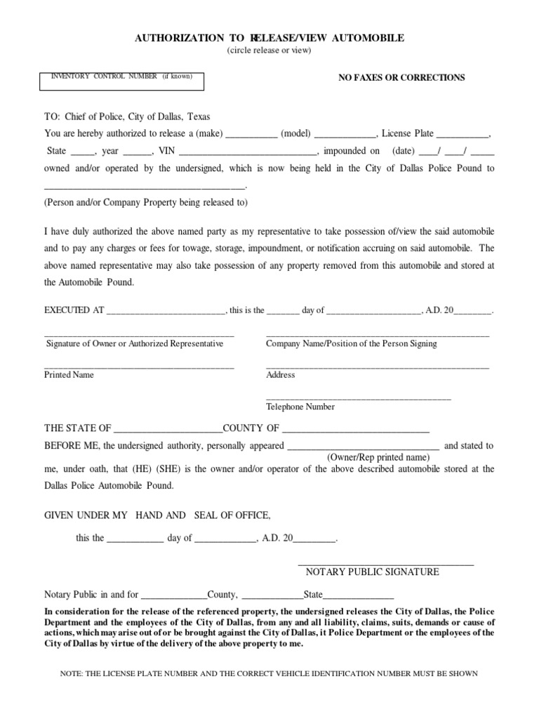 Vehicle Release Authorization Form | PDF