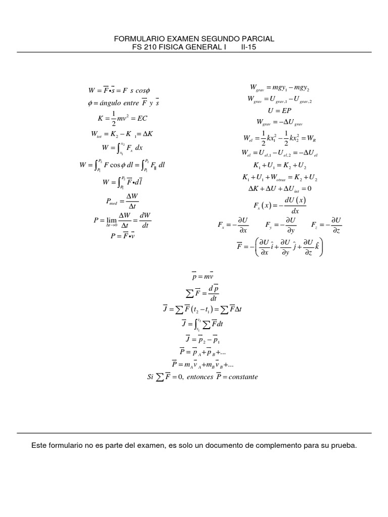 Formulario Examen Segundo Parcial Fs 210 Fisica General i II 15