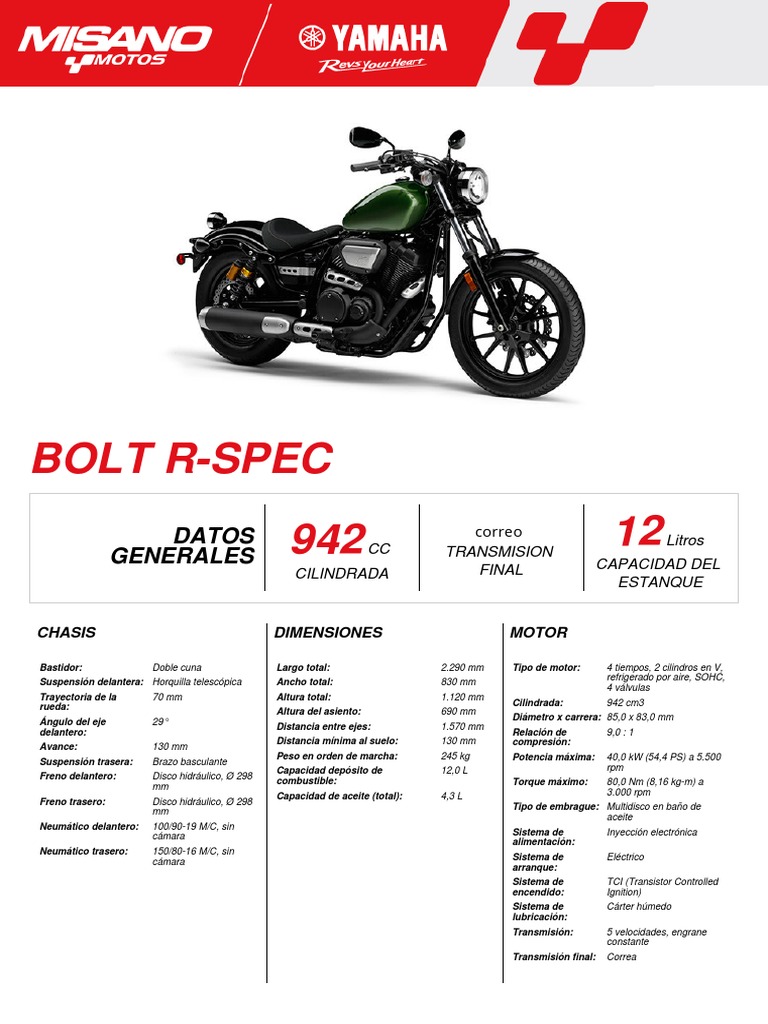 Especificaciones Yamaha Bolt R-Spec | PDF | Transmisión (Mecánica) | Eje