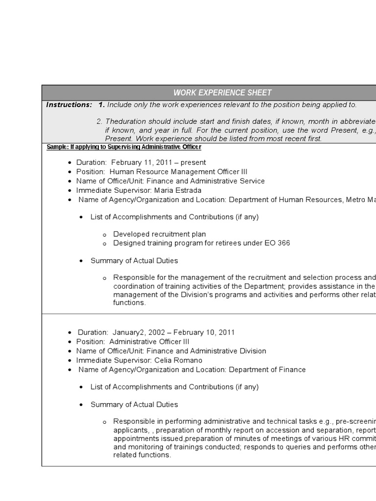 Work Experience Sheet Template | PDF | Career & Growth | Business