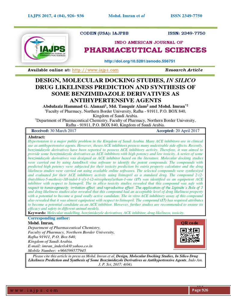 Design, Molecular Docking Studies, in Silico Drug Likeliness Prediction ...