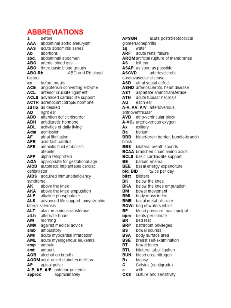 Nursing Abbreviations, Prefixes And Suffixes PDF Heart, 40 OFF