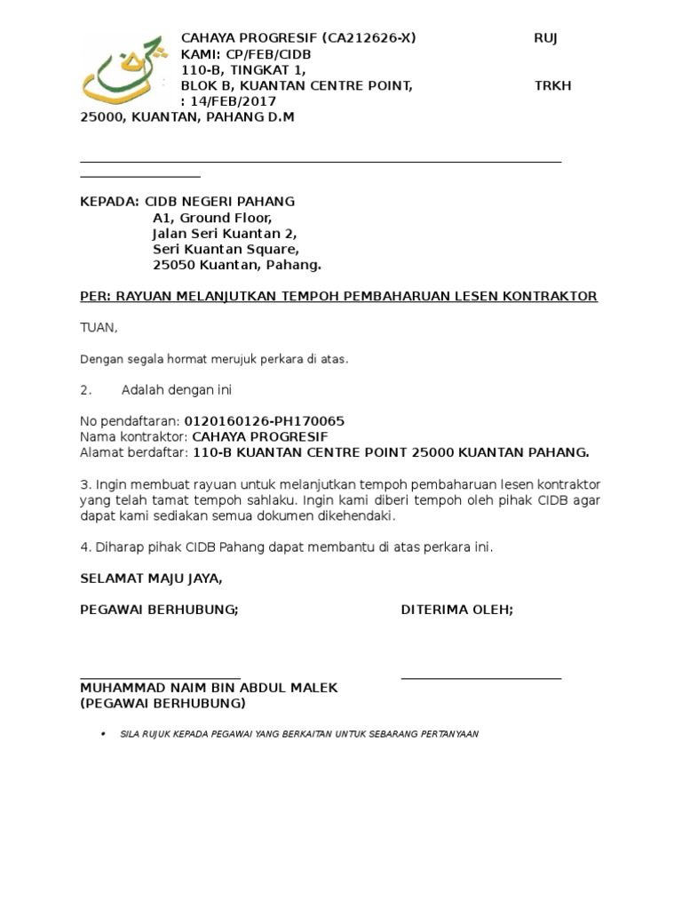Cahaya Progresif Letter Cidb Pdf