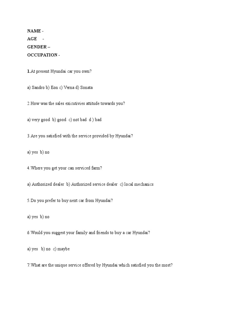 Hyundai Questionnaire | PDF | Car | Front Wheel Drive Vehicles