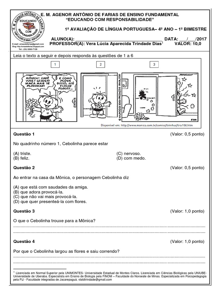 Avaliação de Português 4º Ano - 1º Bimestre | PDF