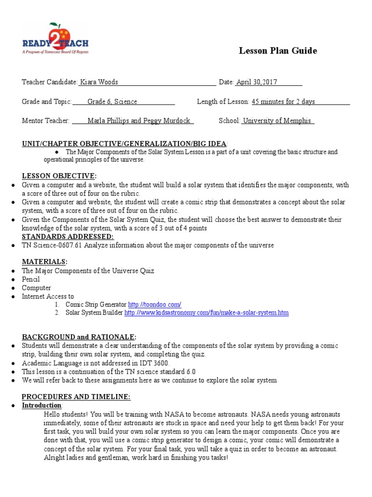 Edtpa Lesson Plan 3 Solar System Planets
