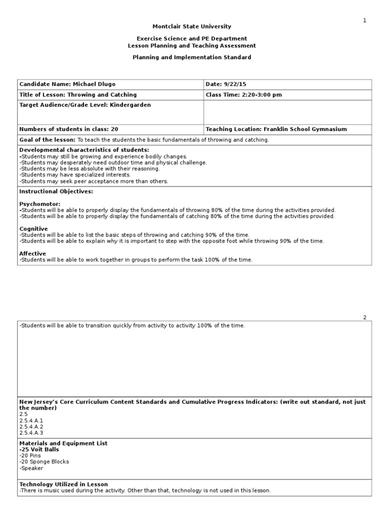 Throwing and Catching PDF Educational Assessment Lesson Plan