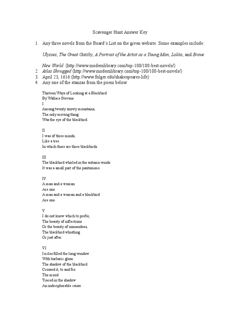 Scavenger Hunt Answer Key 2 PDF English Language Literature Poetry