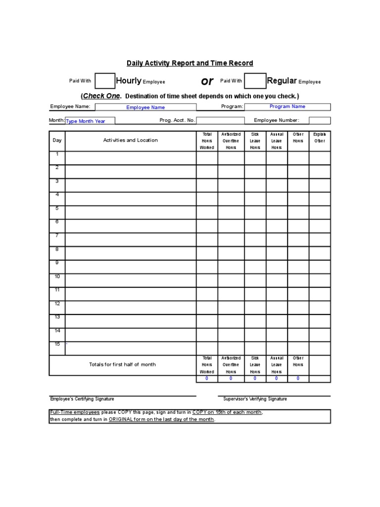 20 Daily Activity Report and Time Record in Excel Format  PDF For Daily Activity Report Template