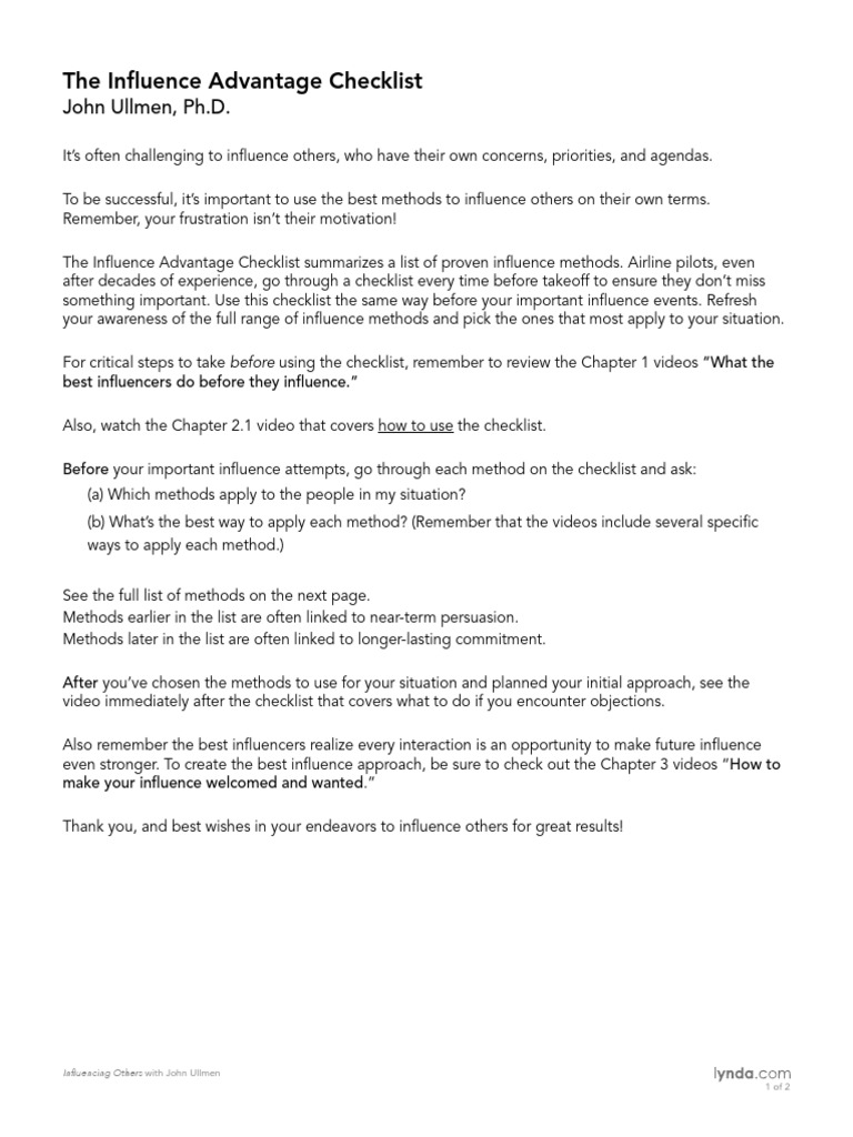 Influence Advantage Checklist Guide | PDF | Persuasion | Behavioural ...