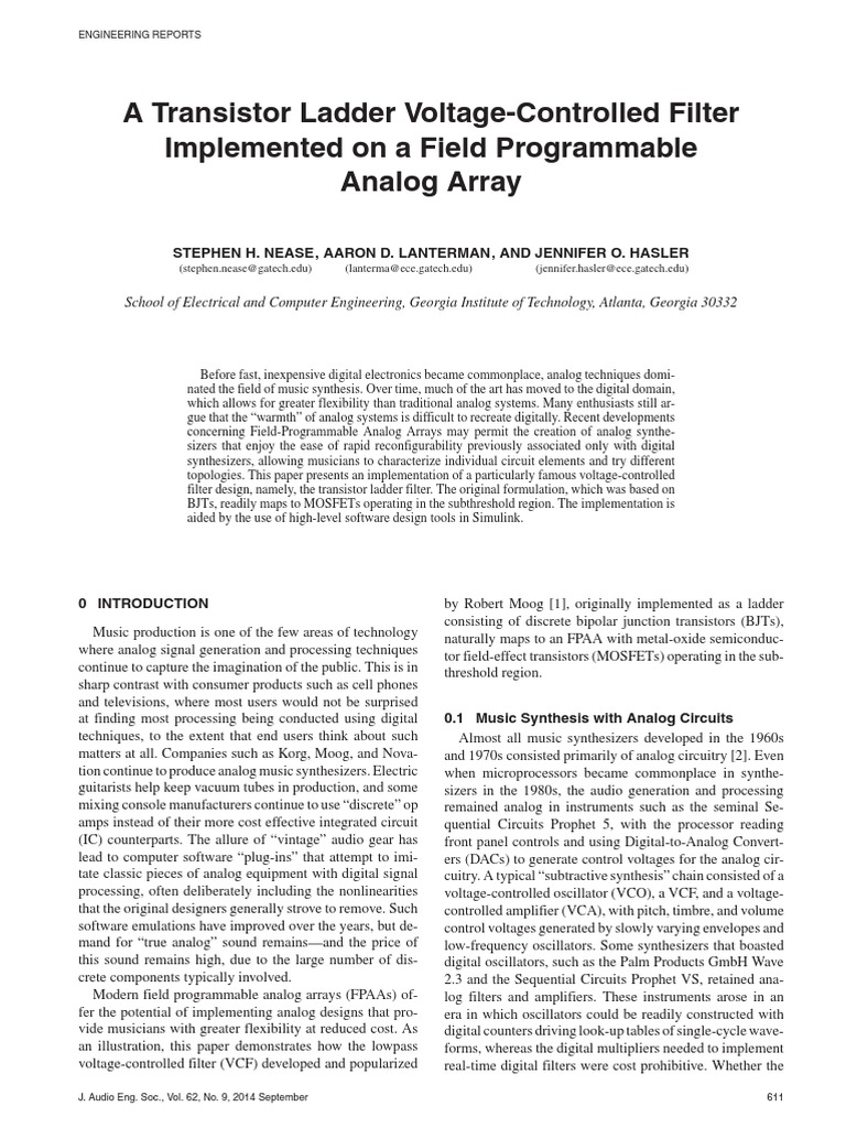 A Transistor Ladder VoltageControlled Filter Implemented On A Field