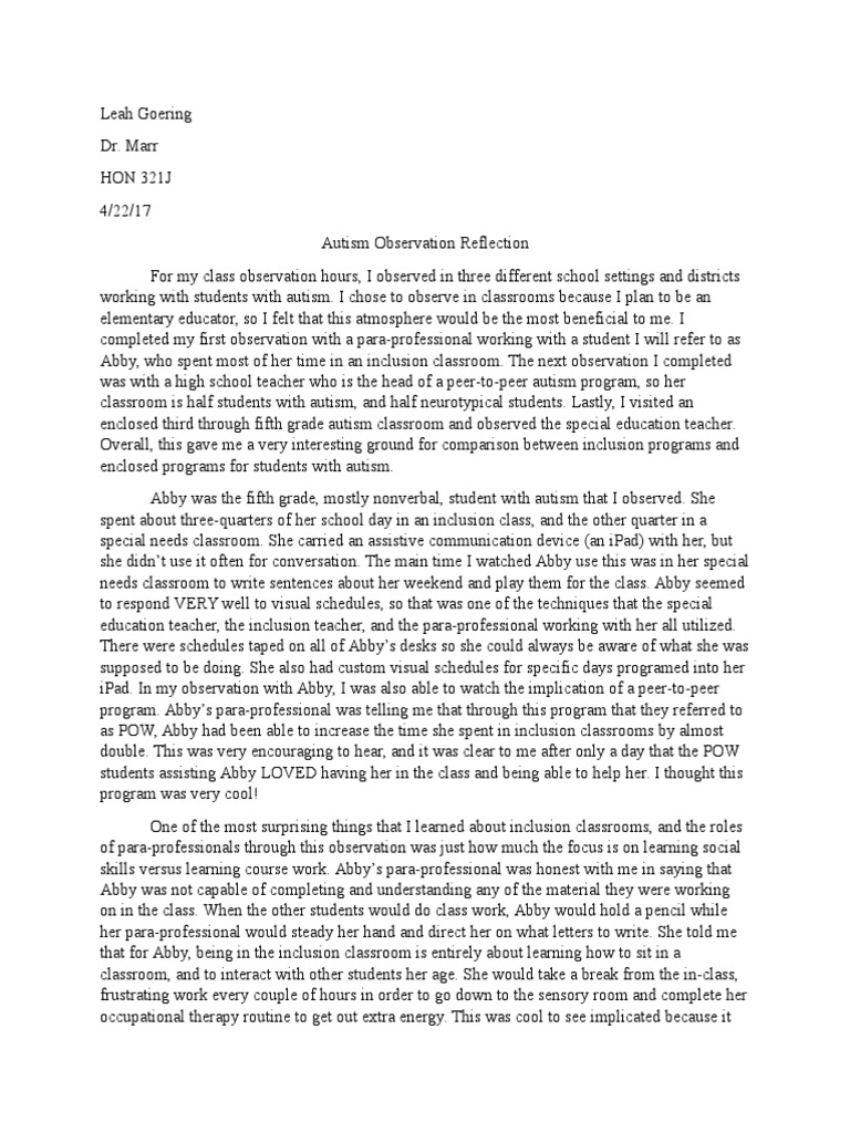 Autism Observation Reflection Classroom Special Education