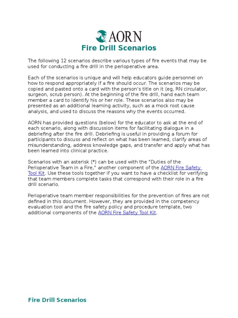 AORN Fire Drill Scenarios Guide | PDF | Surgery | Anesthesia