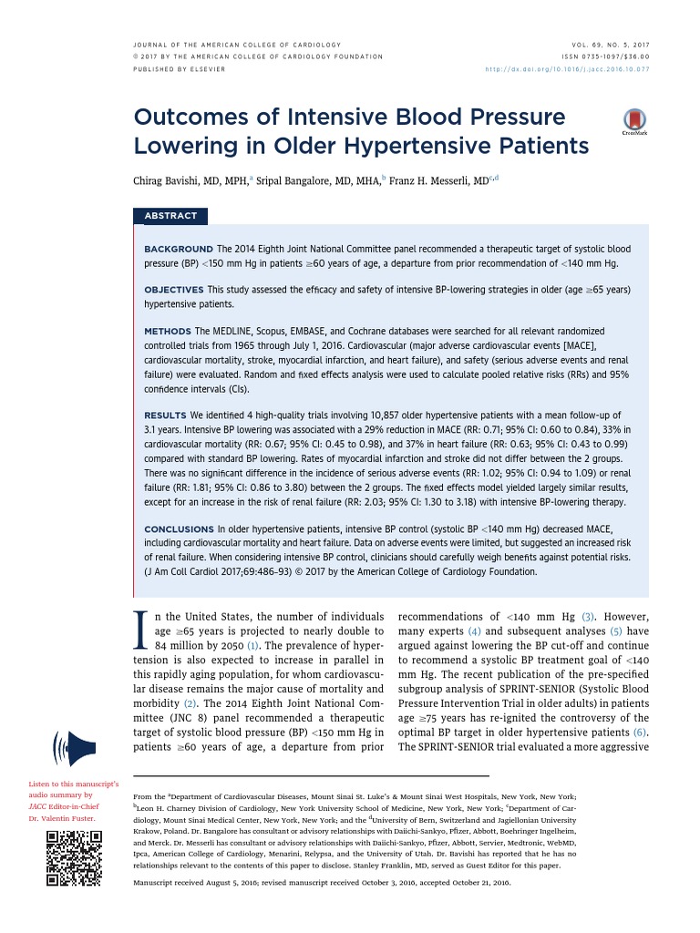 Outcomes of Intensive Blood Pressure Lowering in Older Hypertensive ...