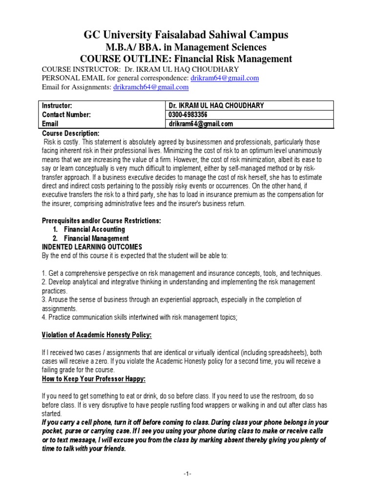 Financial Risk Management Course Outline | PDF | Risk | Risk Management