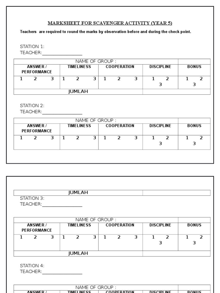 Marksheet For Scavenger Activity | PDF
