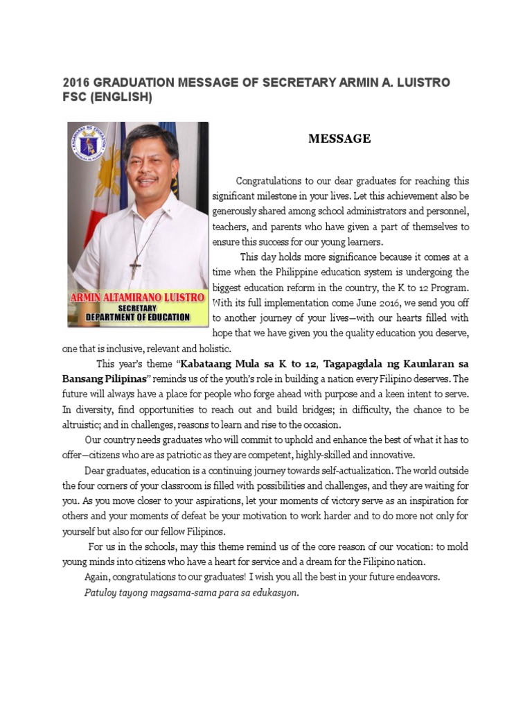 2016 K to 12 Graduation Messages | PDF | Education Reform | Quality Of Life