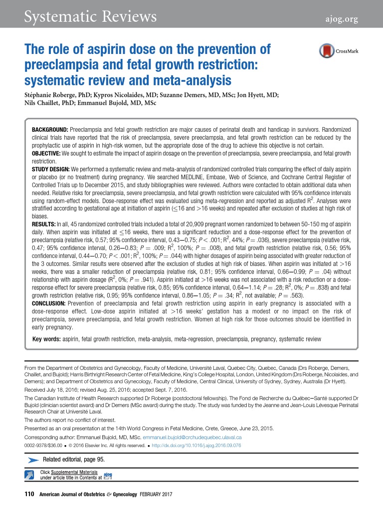 The Role of Aspirin Dose On The Prevention of Preeclampsia and Fetal