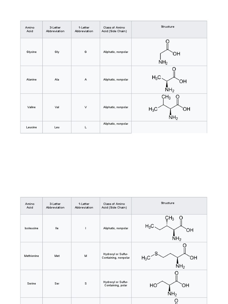 Amino Acid 3Letter Abbreviation 1Letter Abbreviation Class of Amino