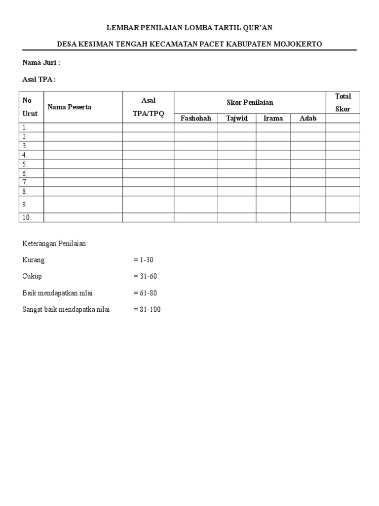 Lembar Penilaian Lomba Tartil Qur PDF