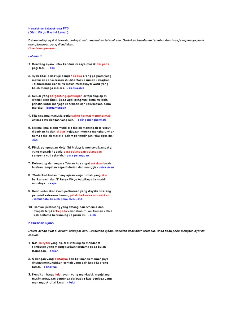 Kesalahan Tatabahasa PT3 (JAWAPAN)