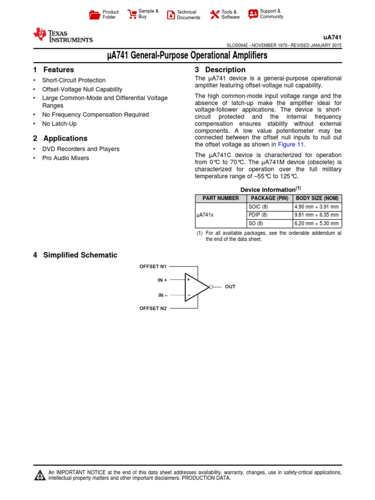 A741 GeneralPurpose Operational Amplifiers 1 Features 3 Description