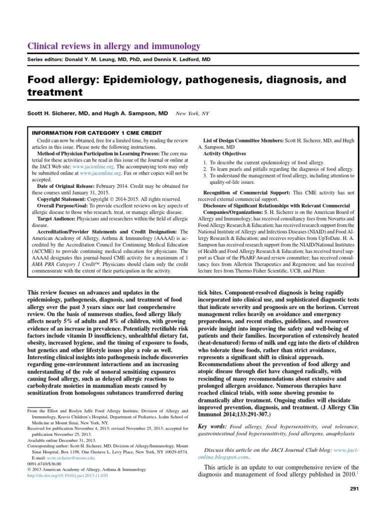 Food Allergy Epidemiology, Pathogenesis, Diagnosis, and Treatment