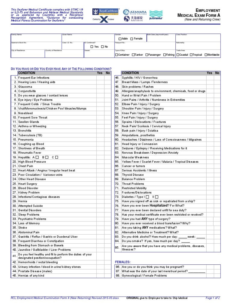 Seafarer Employment Medical Examination Form | PDF | Anatomical Terms ...
