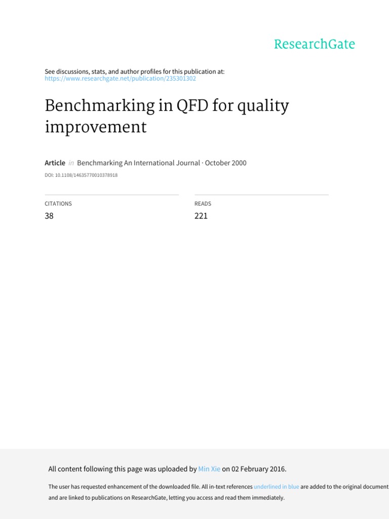 Benchmarking in QFD For Quality Improvement PDF Benchmarking