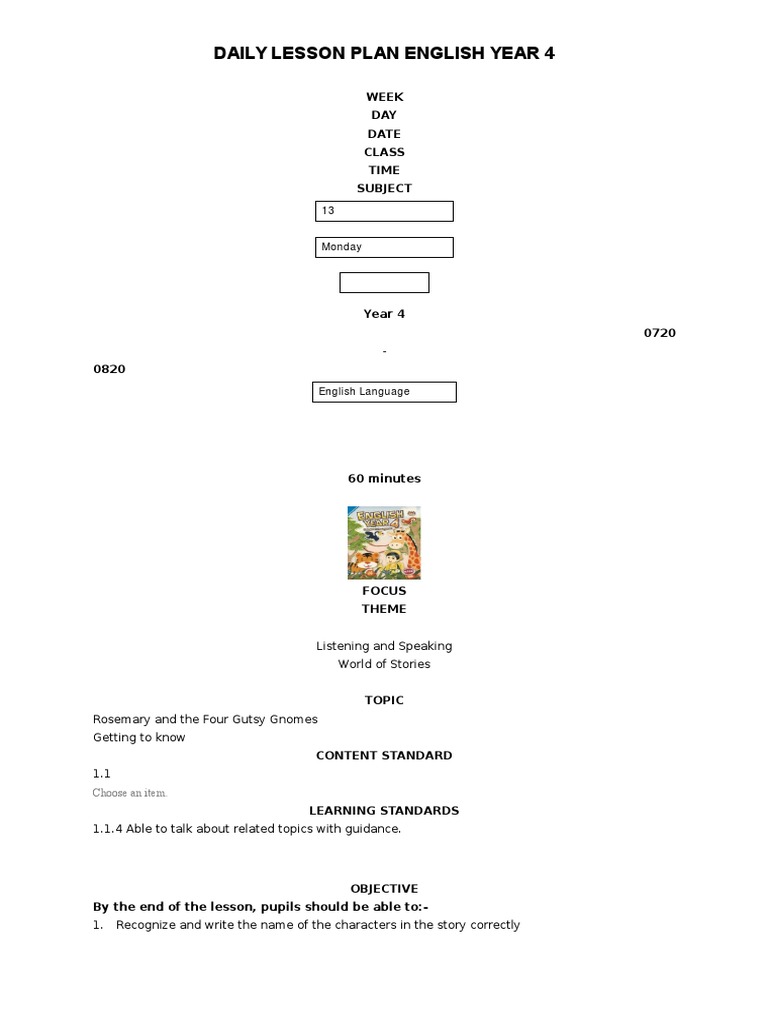 Year 4 English Daily Lesson Plans | PDF | Lesson Plan | English Language