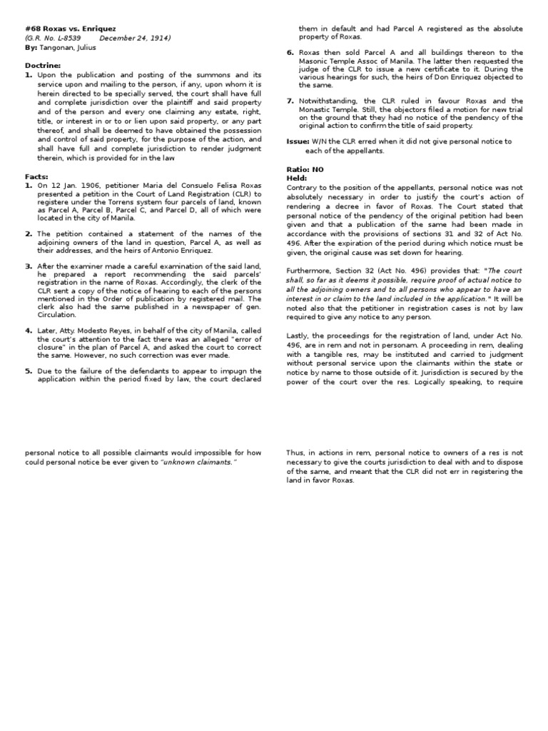 The Court of Land Registration Can Render Judgment Without Personal